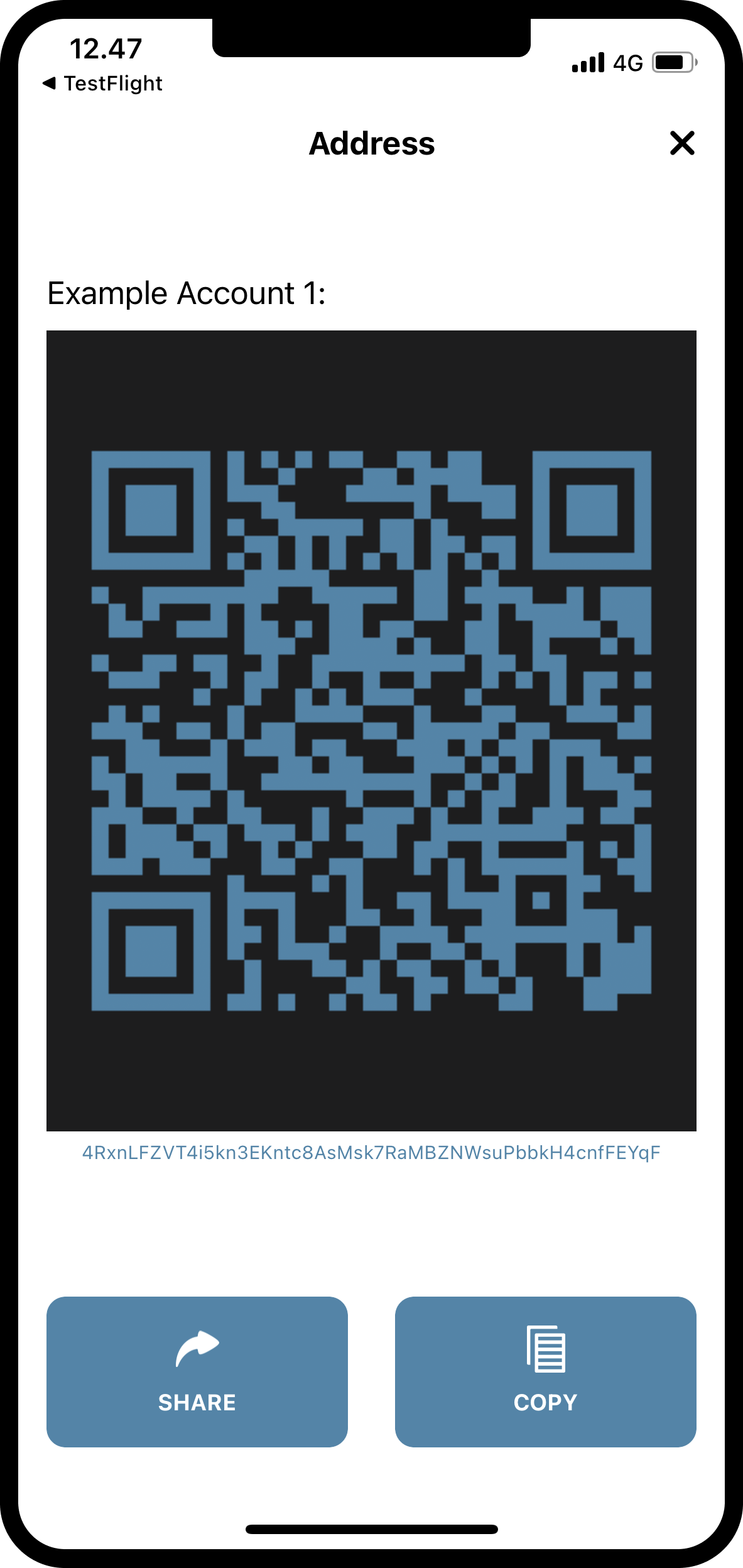screen with QR code and account address shown