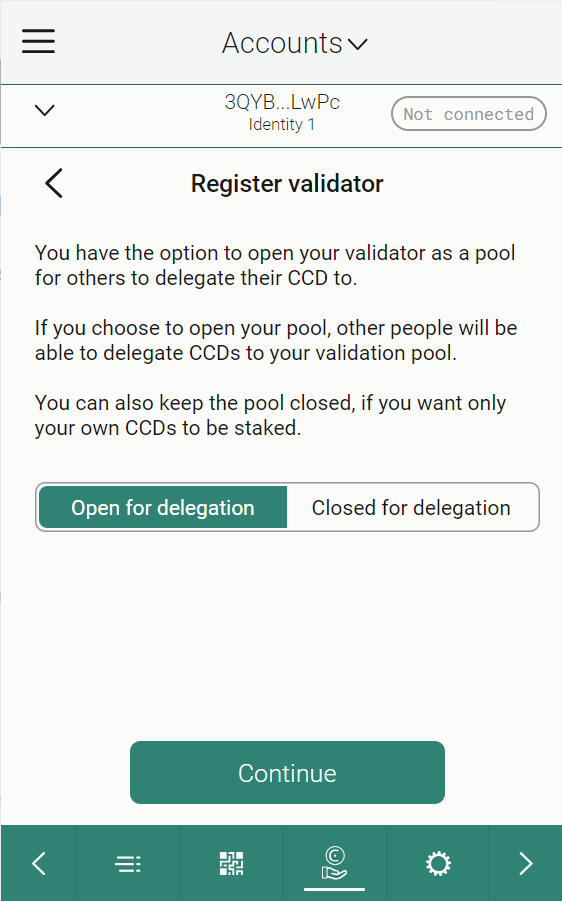 screen with buttons to open a pool for delegation or close a pool for delegation