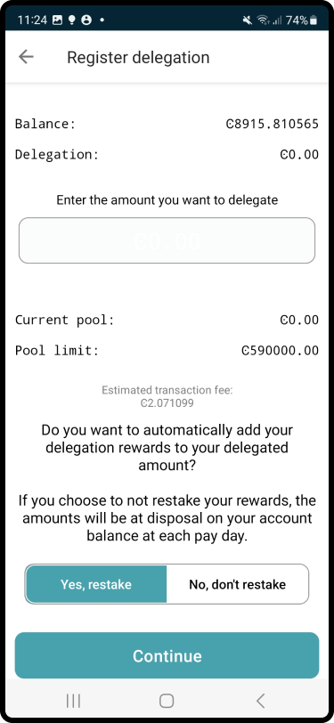 screen to register delegation amount and restake preference