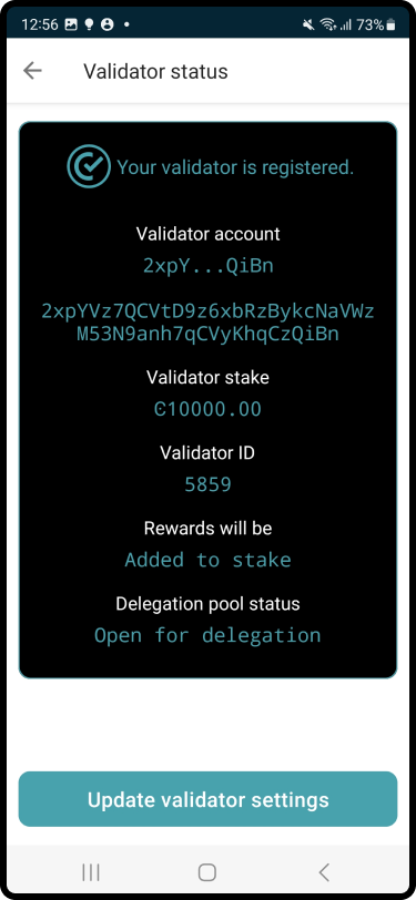 screen showing current validator settings and update button