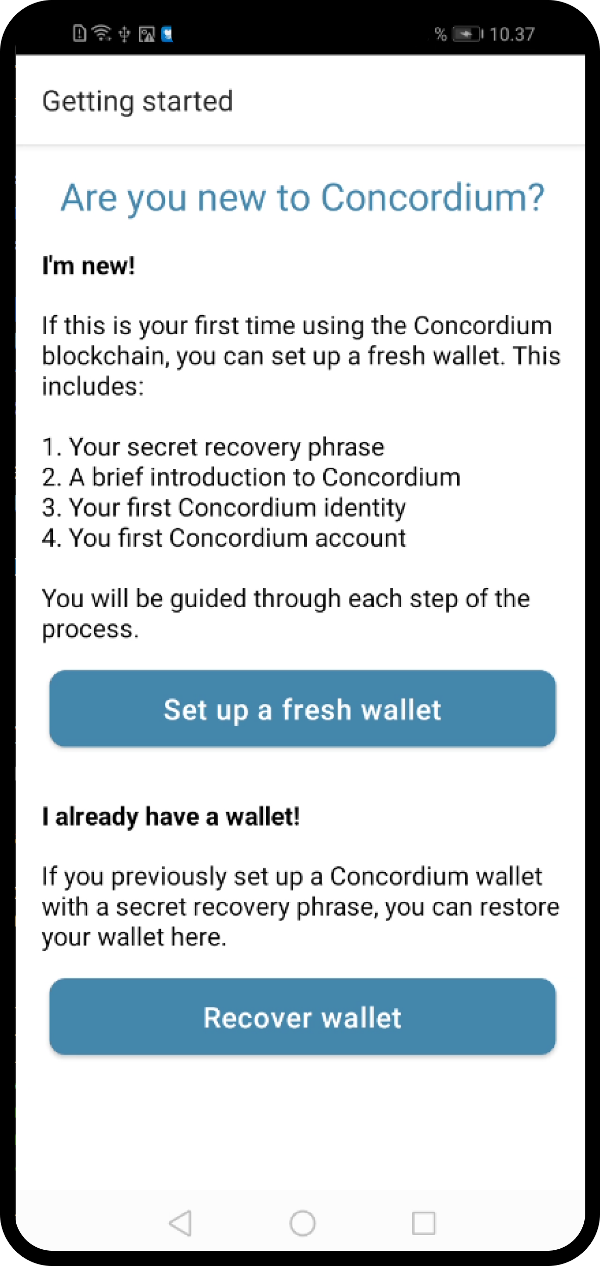 screen with information about setup and options to create a new wallet or recover wallet