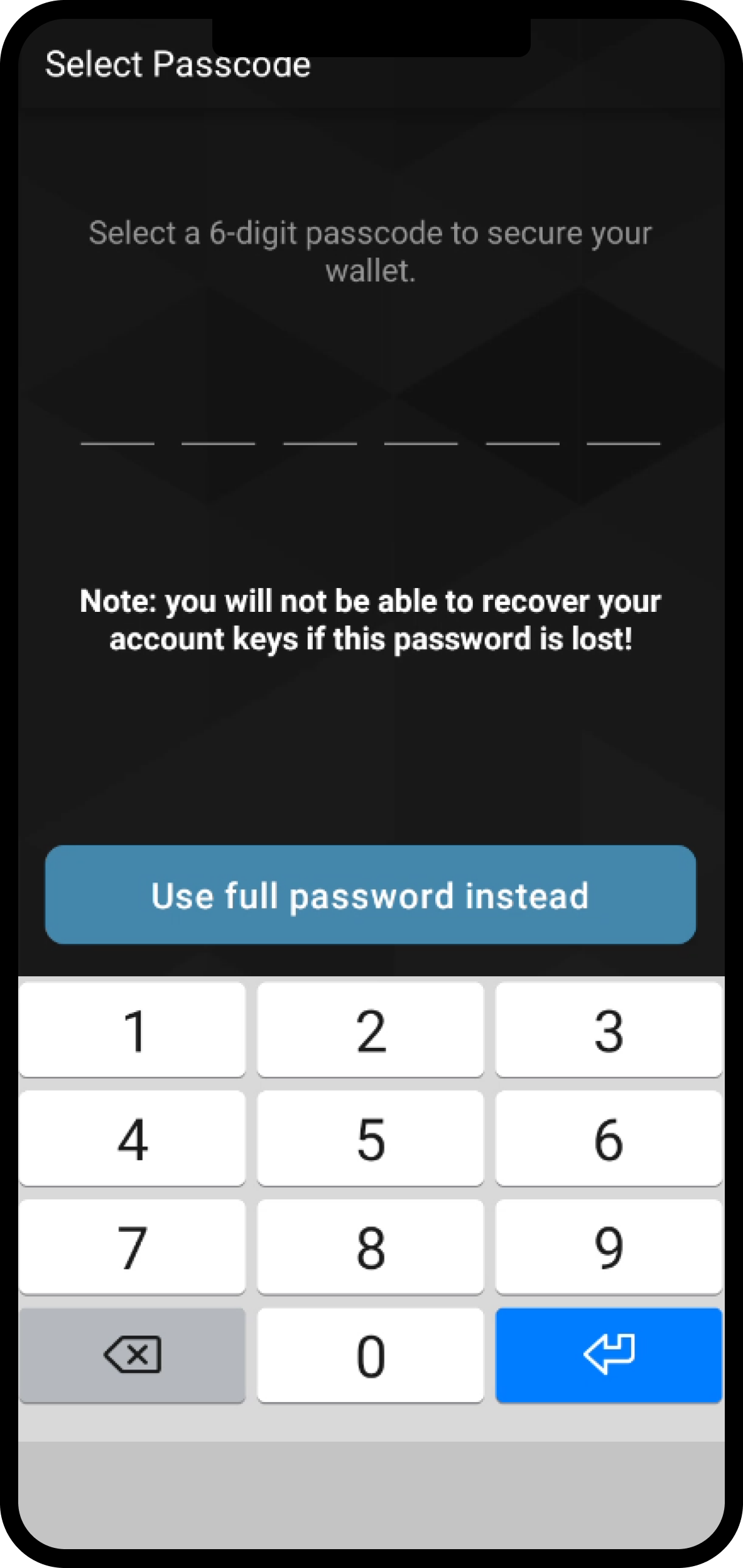 screen with keypad to enter passcode