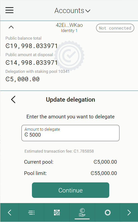 screen to enter delegation amount