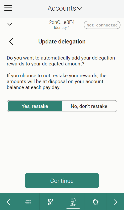 screen with buttons to select restaking rewards preference