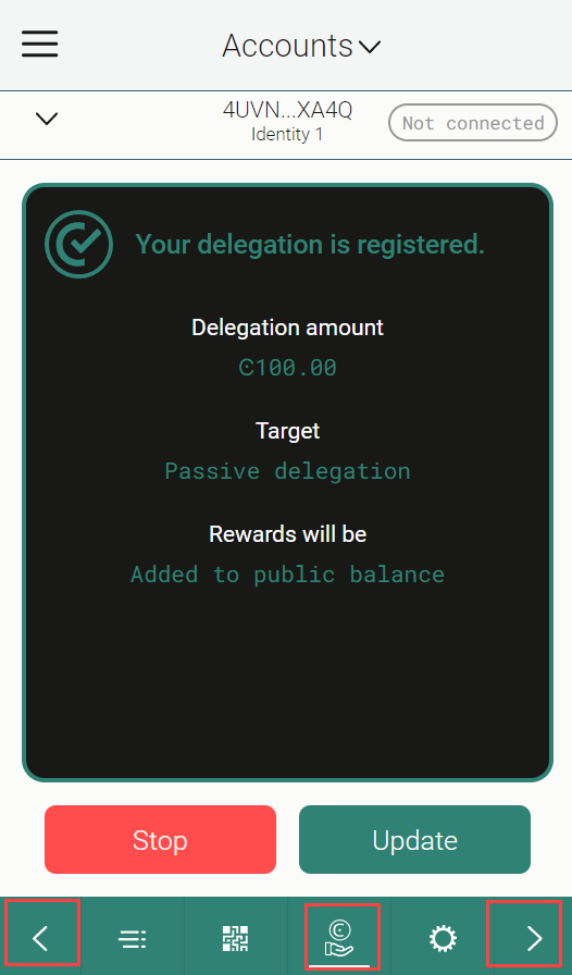 screen showing current delegation and buttons to update or stop