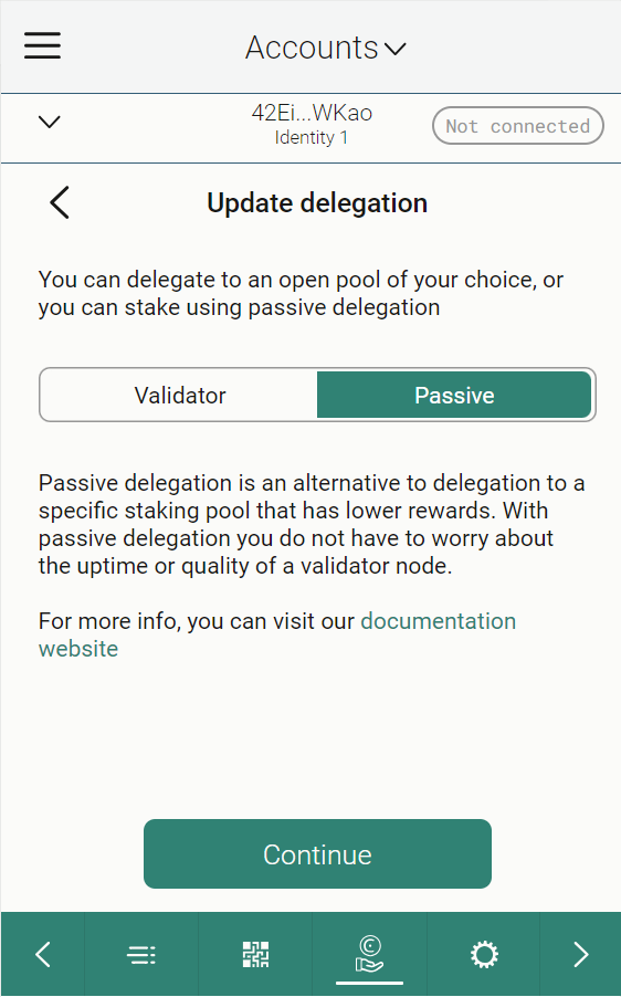 screen showing current delegation and buttons to select target