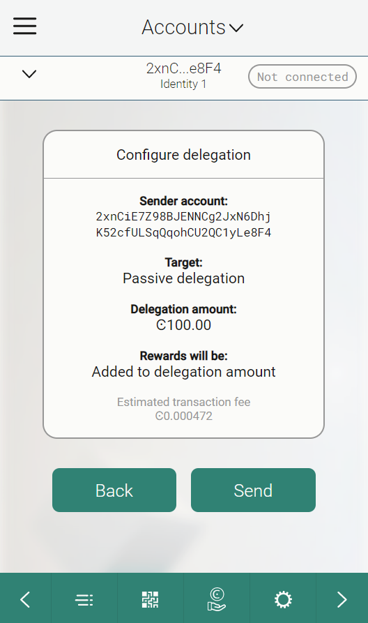 screen showing delegation transaction details for review