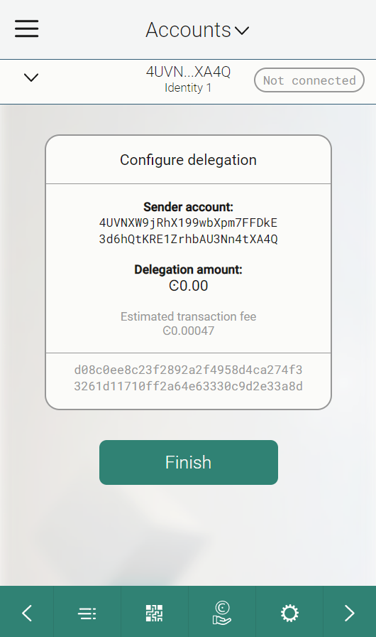screen showing the transaction submitted to the chain and finish button