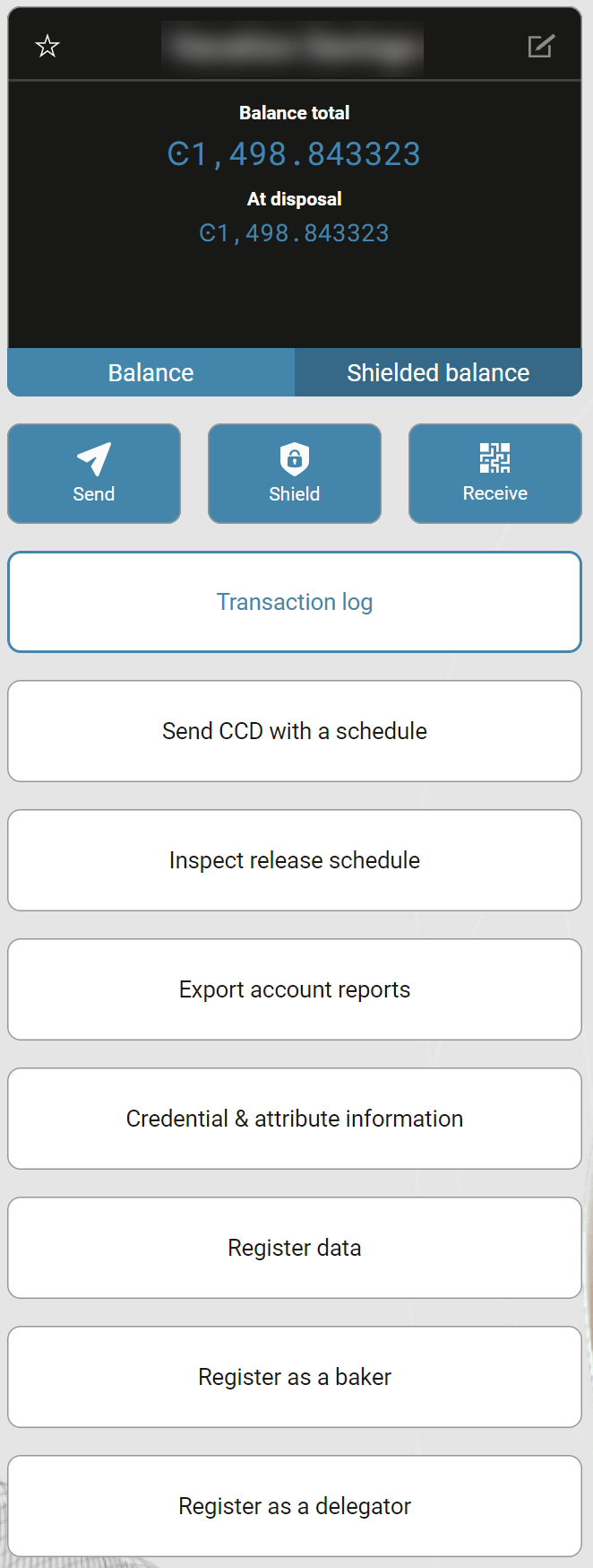 dark account balance area with actions shown on a gray area below that on rectangular buttons