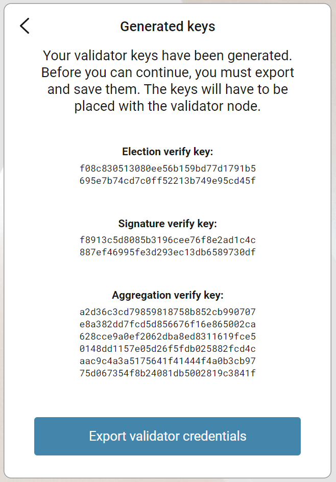 screen showing new keys with button to export