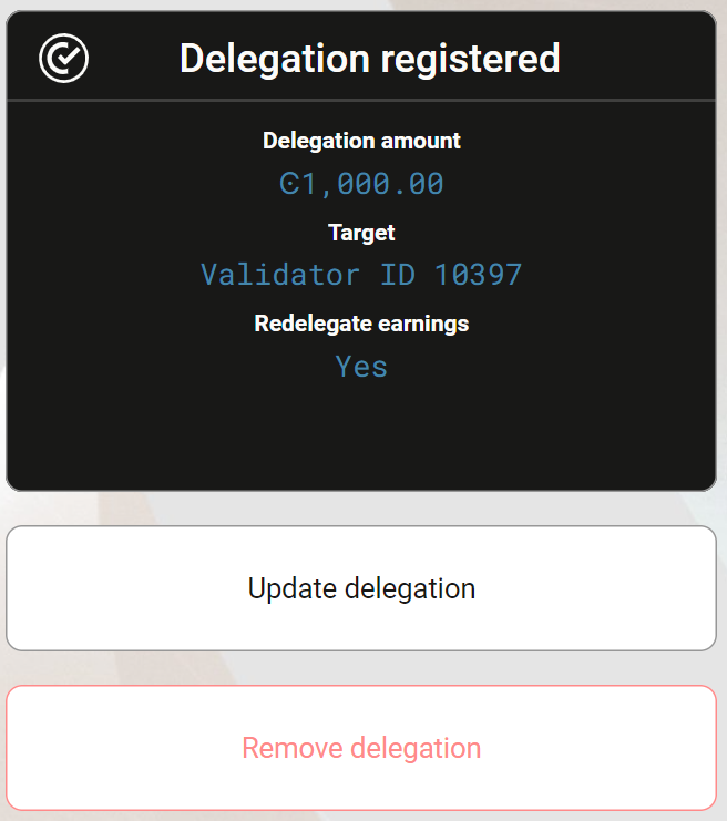 delegation screen with options to update or remove