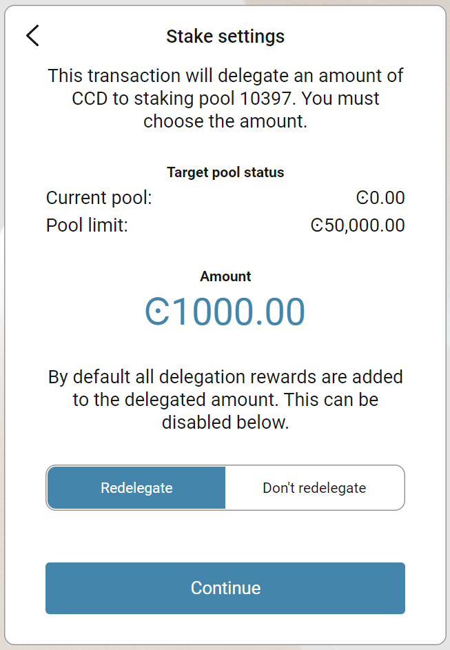 screen to enter amount to delegate and restake settings