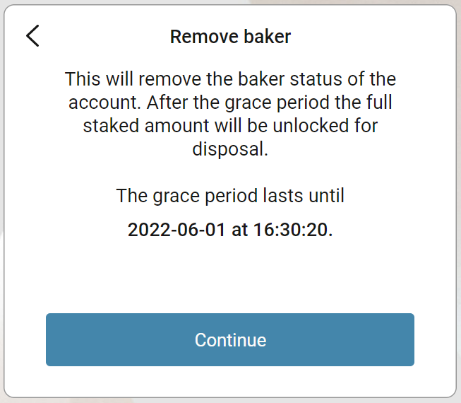 screen showing that baker will be removed