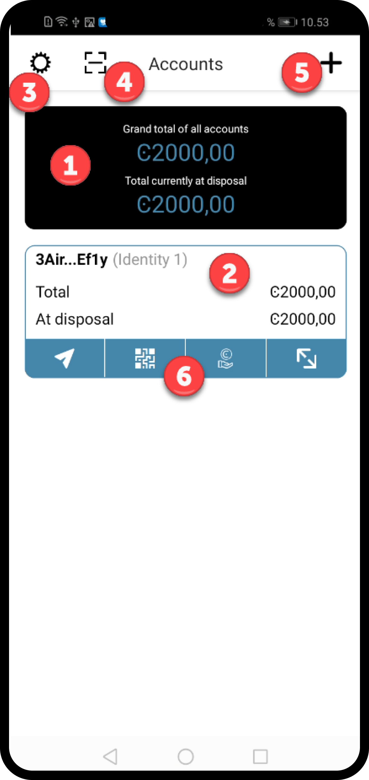 main wallet screen with position numbers