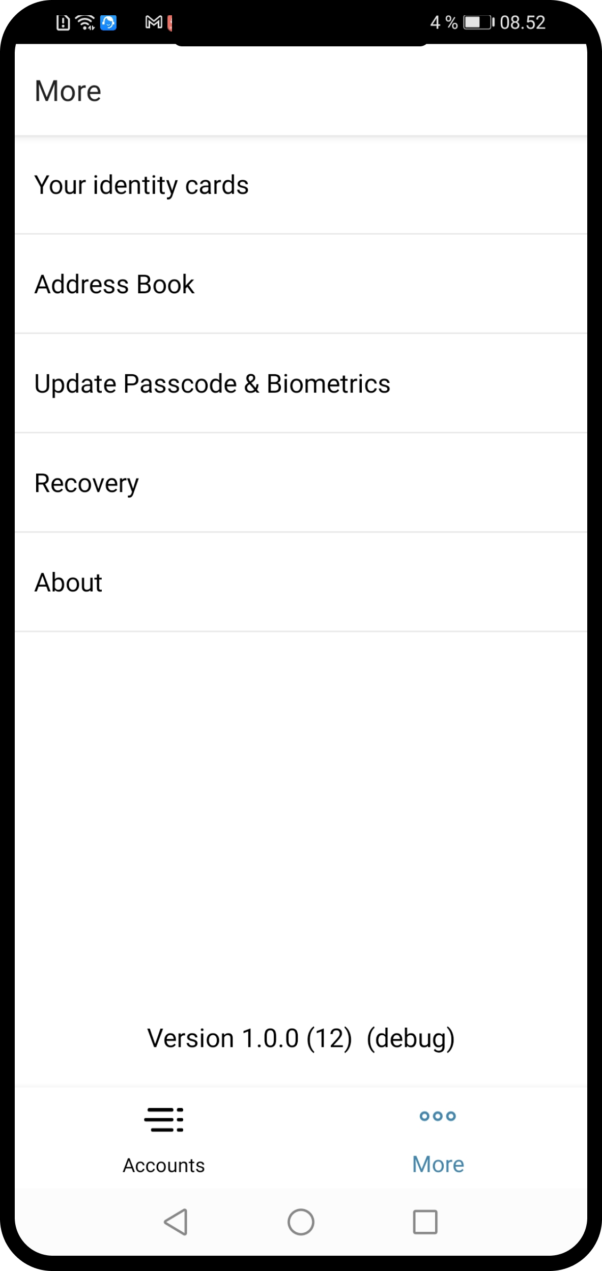 screen with settings menu