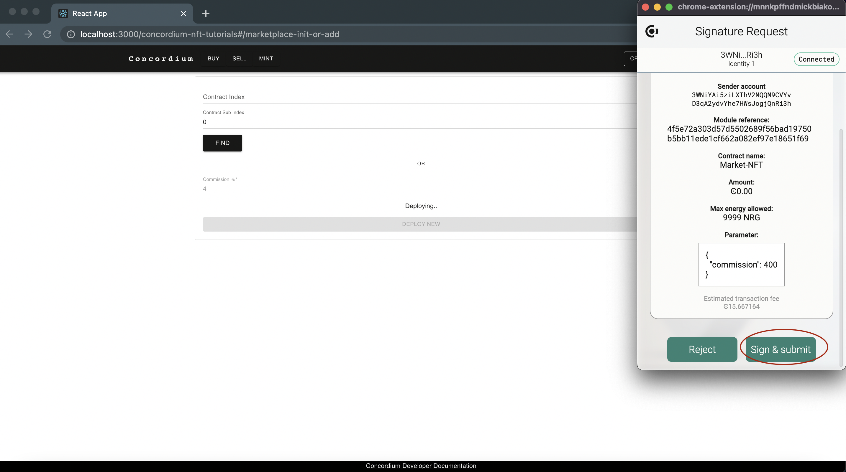 marketplace web page with wallet popup shown