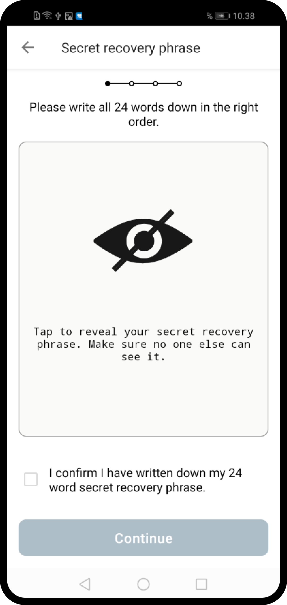 screen with hidden secret recovery phrase