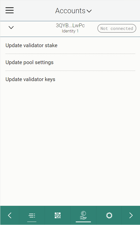 screen showing actions to update validator