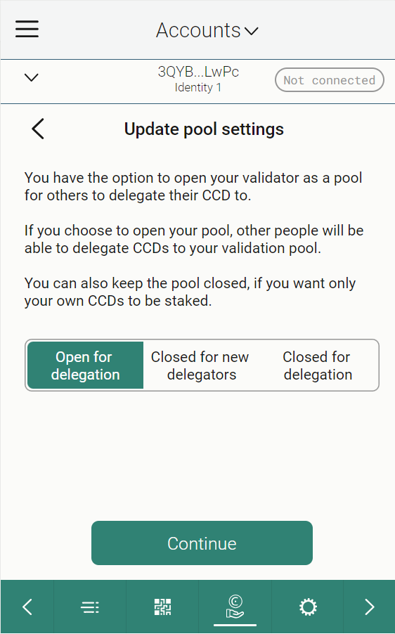 screen showing actions to update baker pool status
