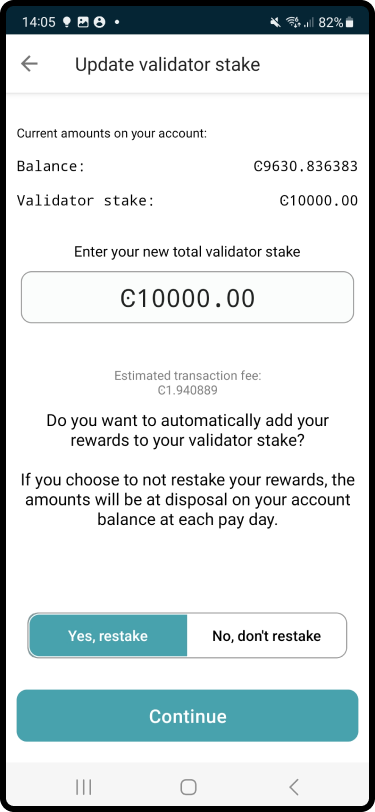 screen to update validator stake showing amount and restake preference options