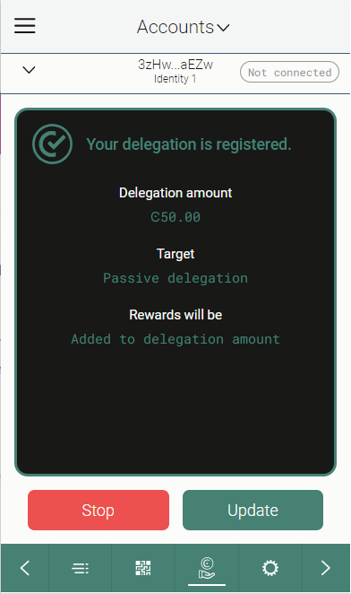 screen showing current delegation and buttons to update or stop